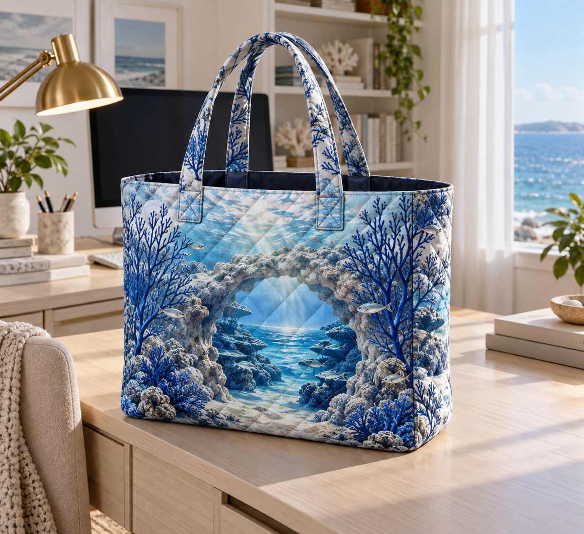 Coral Reef Office Horizon Quilted Tote Bag with flat printed coastal coral-reef home office-statement art in a layered welcoming room