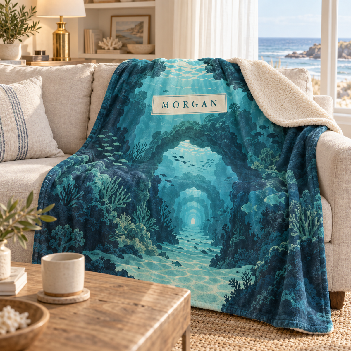 Coral Reef Housewarming Sherpa & Fleece Blanket with flat printed reef doorway and coral art in a layered coastal coastal home