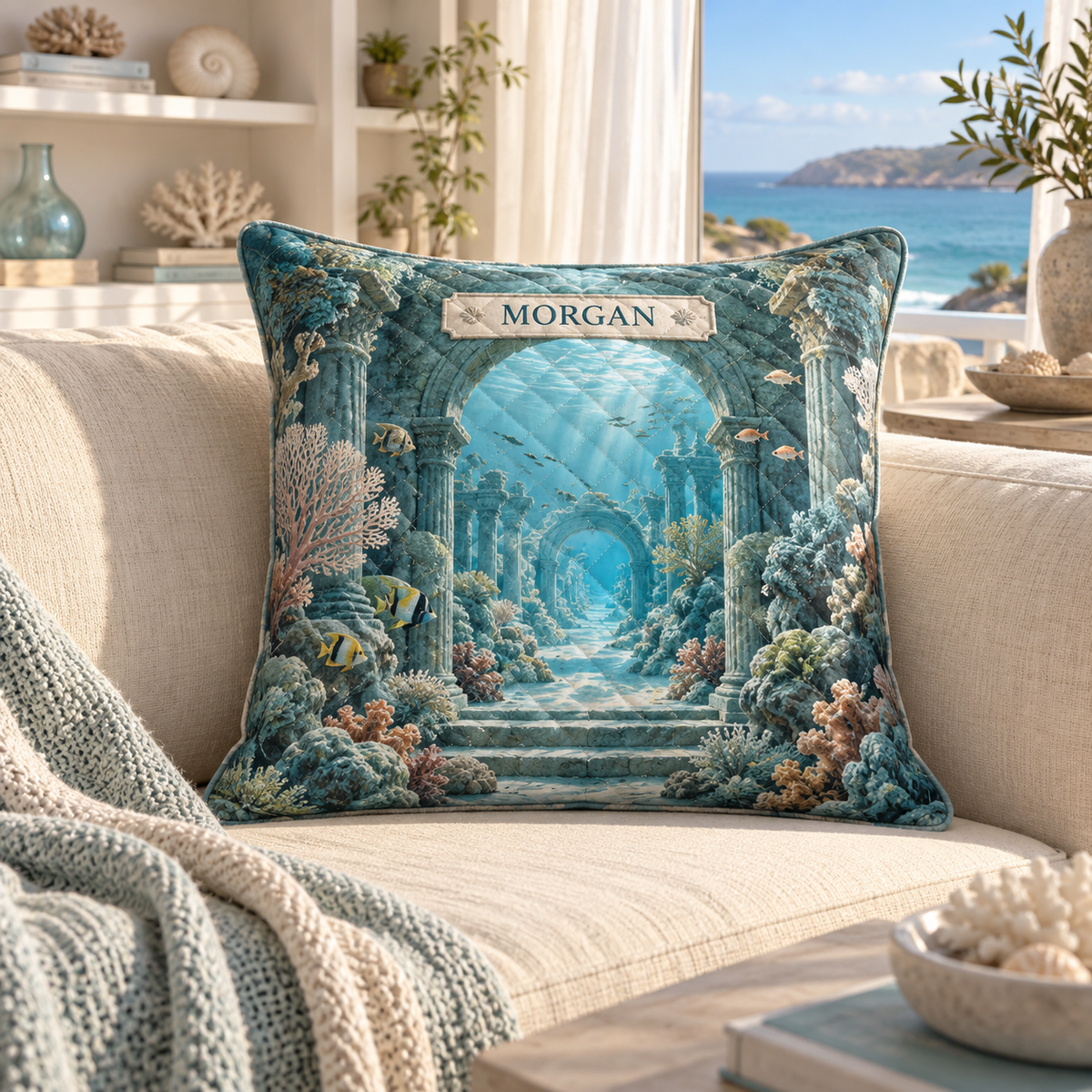 Coral Reef Housewarming Quilted Cushion Cover with flat printed coastal coral-reef coastal home-statement art in a layered welcoming room