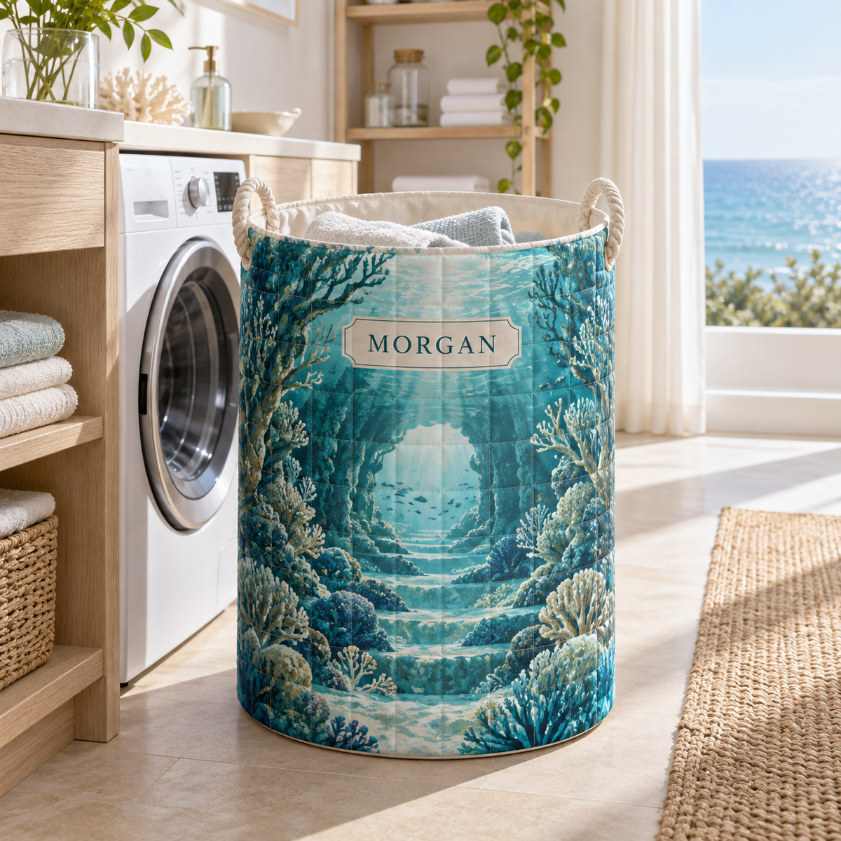 Coral Reef Housewarming Laundry Hamper with flat printed coastal coral-reef coastal home-statement art in a layered welcoming room