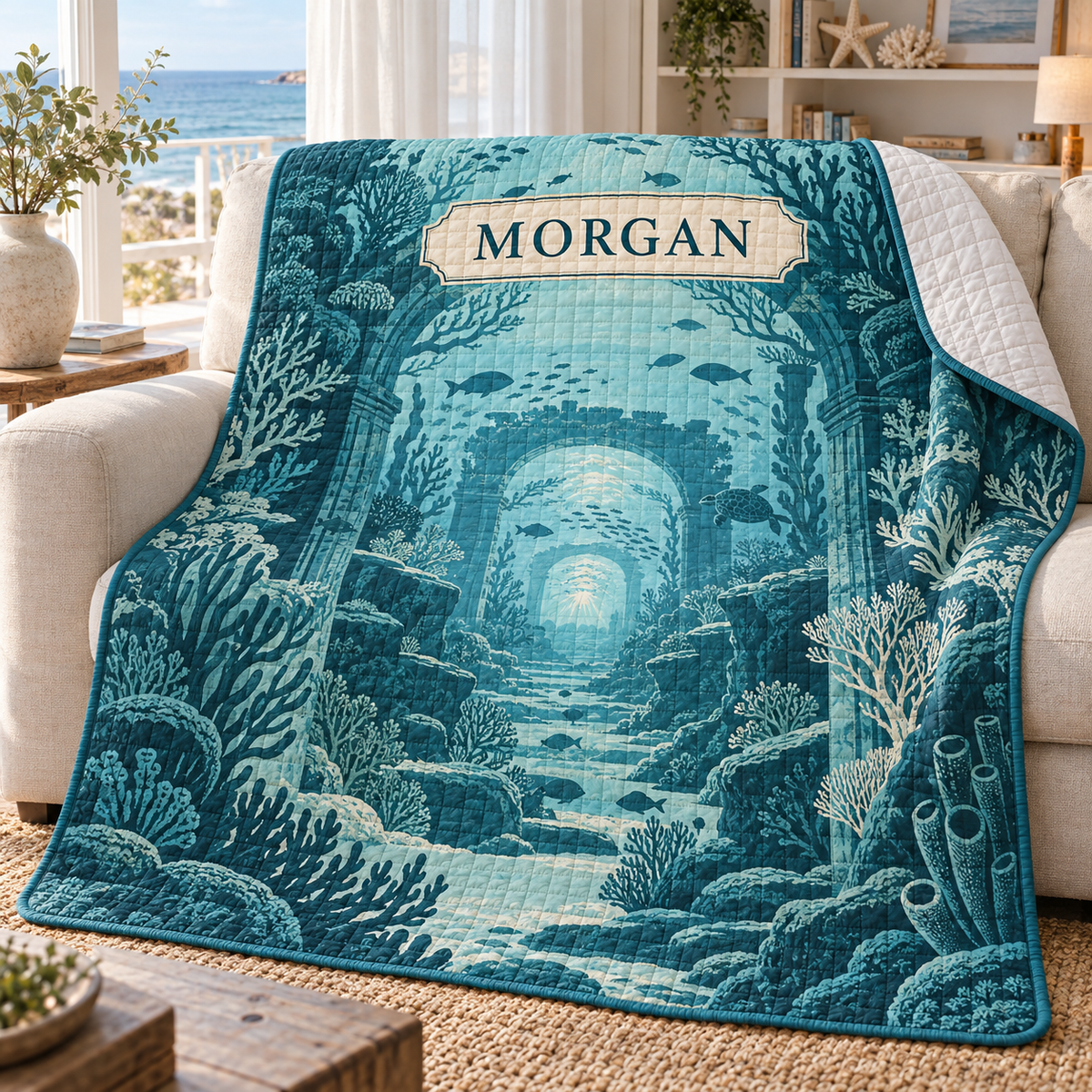 Coral Reef Housewarming Quilt Blanket with flat printed coastal coral-reef coastal home-statement art in a layered welcoming room