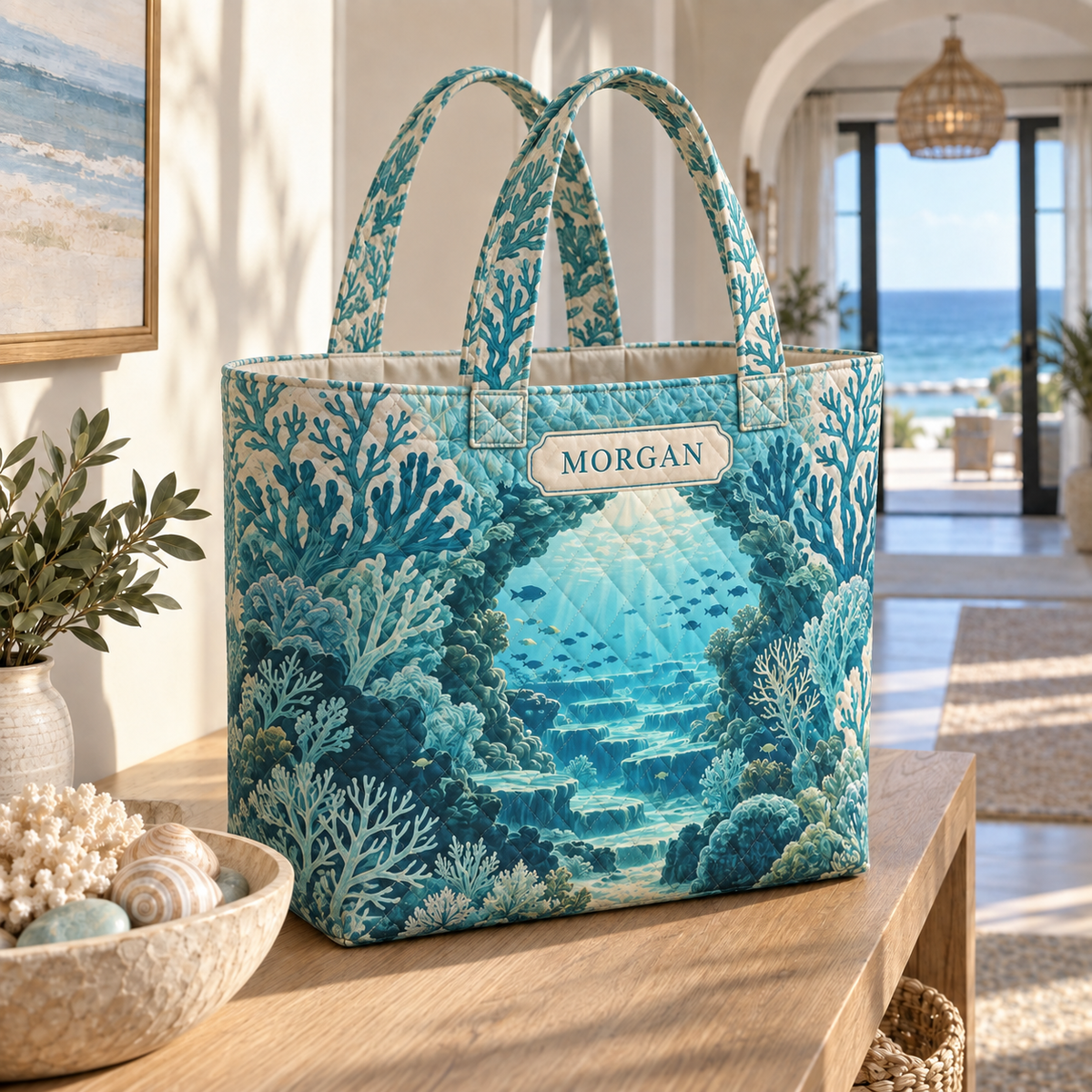 Coral Reef Housewarming Quilted Tote Bag with flat printed coastal coral-reef coastal home-statement art in a layered welcoming room
