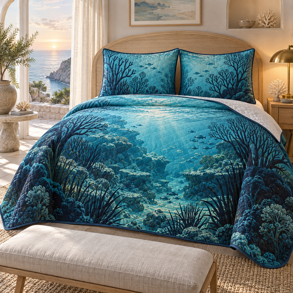 Coral Reef Quiet Cove Quilted Bedding Set with flat printed coastal coral-reef reading corner-statement art in a layered welcoming room