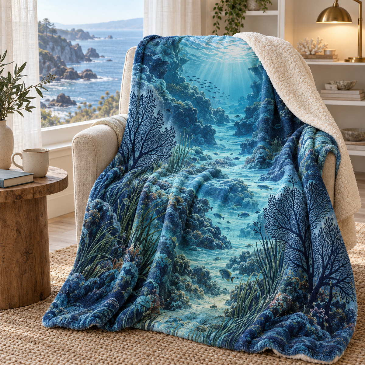 Coral Reef Quiet Cove Sherpa & Fleece Blanket with flat printed coastal reef passage and coral art in a layered coastal reading corner