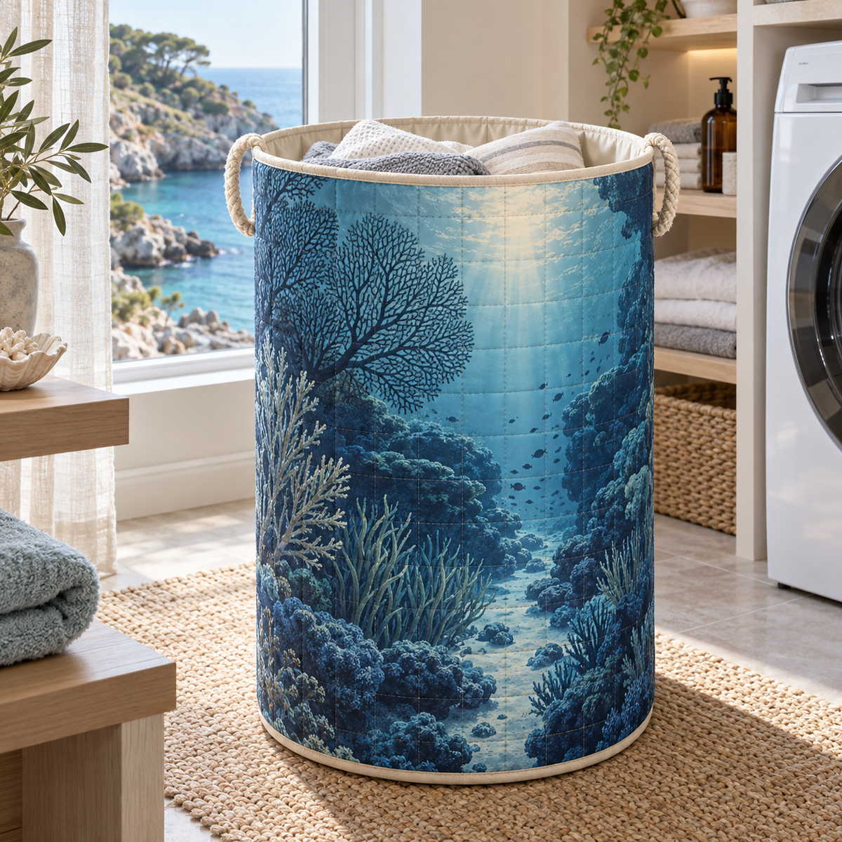 Coral Reef Quiet Cove Laundry Hamper with flat printed coastal coral-reef reading corner-statement art in a layered welcoming room