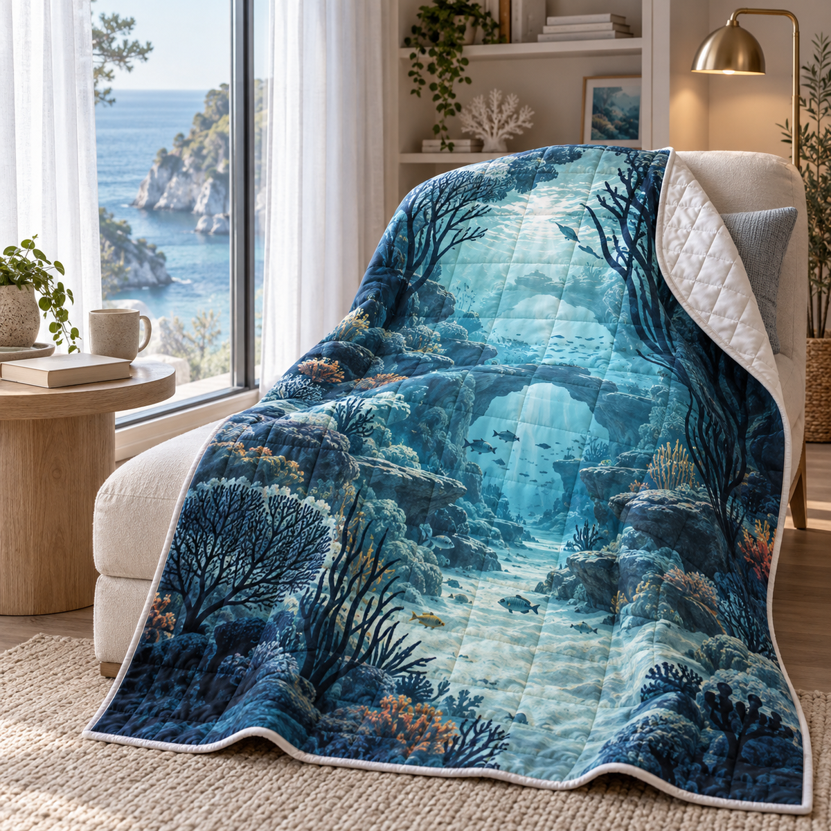 Coral Reef Quiet Cove Quilt Blanket with flat printed coastal coral-reef reading corner-statement art in a layered welcoming room