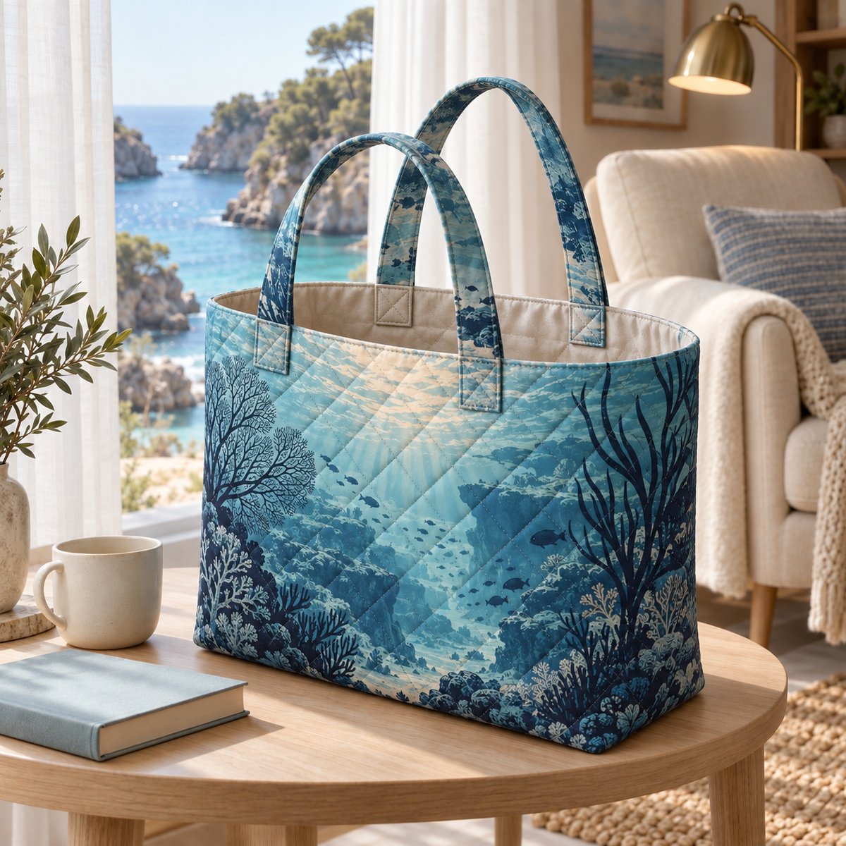 Coral Reef Quiet Cove Quilted Tote Bag with flat printed coastal coral-reef reading corner-statement art in a layered welcoming room