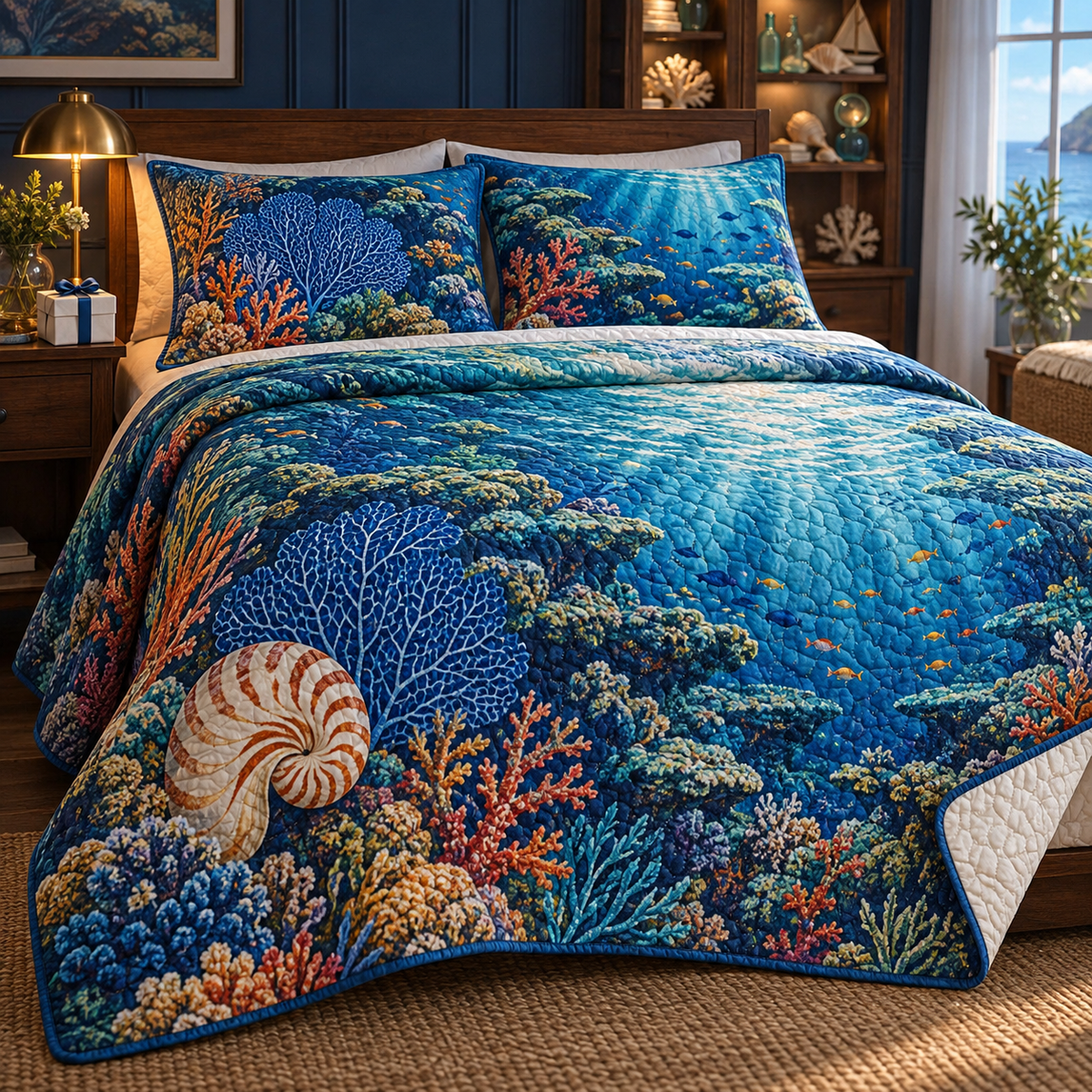 Coral Reef Collector Birthday Quilted Bedding Set with flat printed coastal coral-reef birthday keepsake art in a layered welcoming room