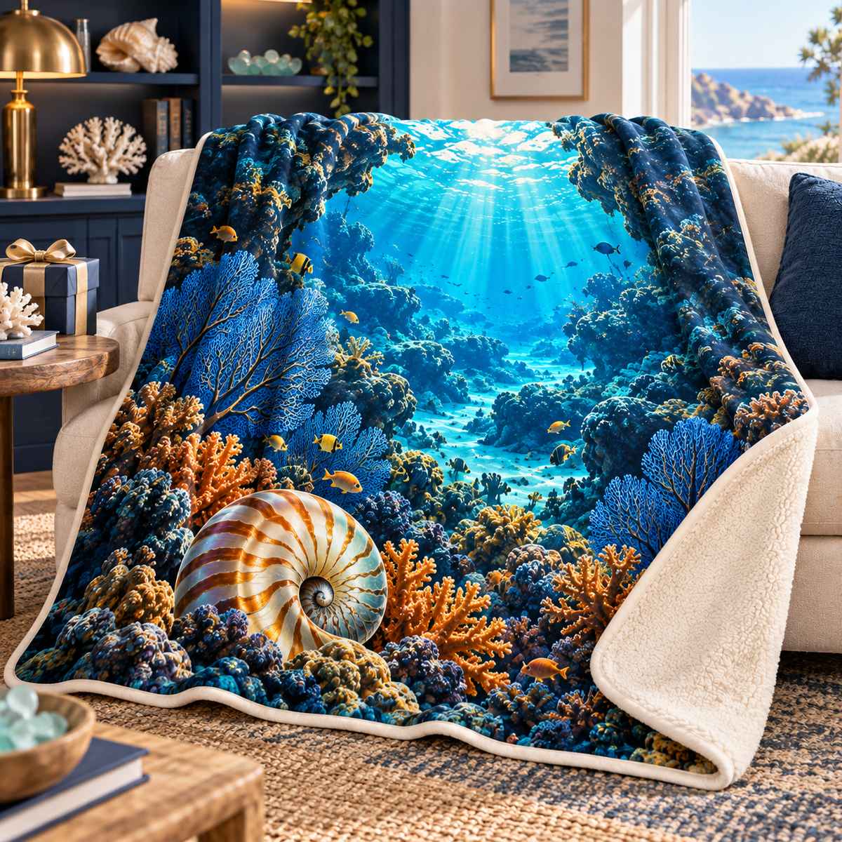 Coral Reef Collector Birthday Sherpa & Fleece Blanket with flat printed coastal reef passage and coral art in a layered coastal reading corner