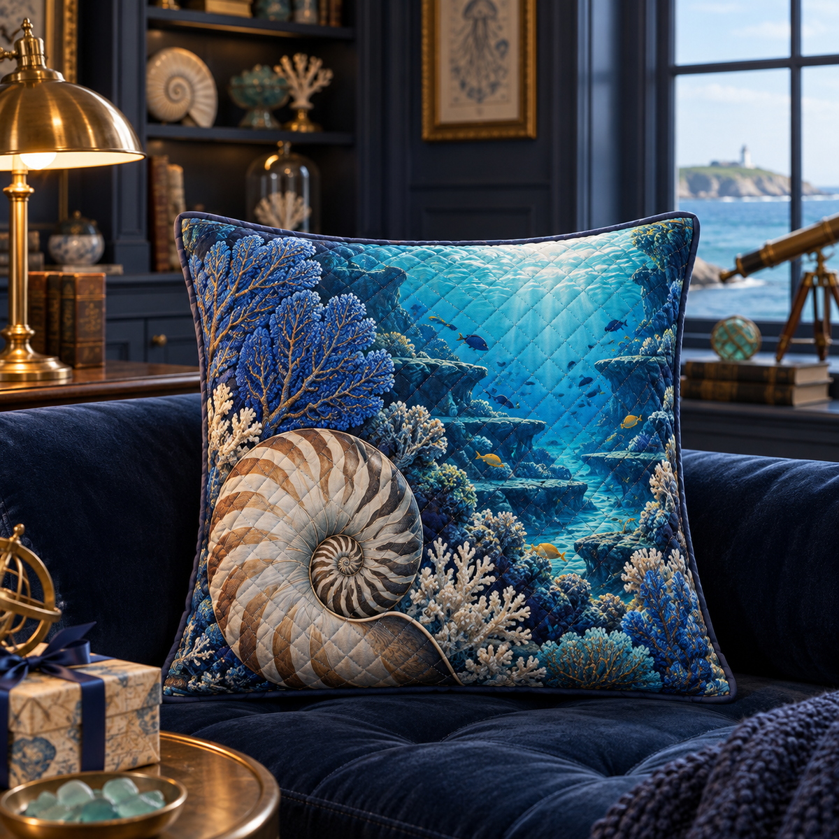 Coral Reef Collector Birthday Quilted Cushion Cover with flat printed coastal coral-reef birthday keepsake art in a layered welcoming room