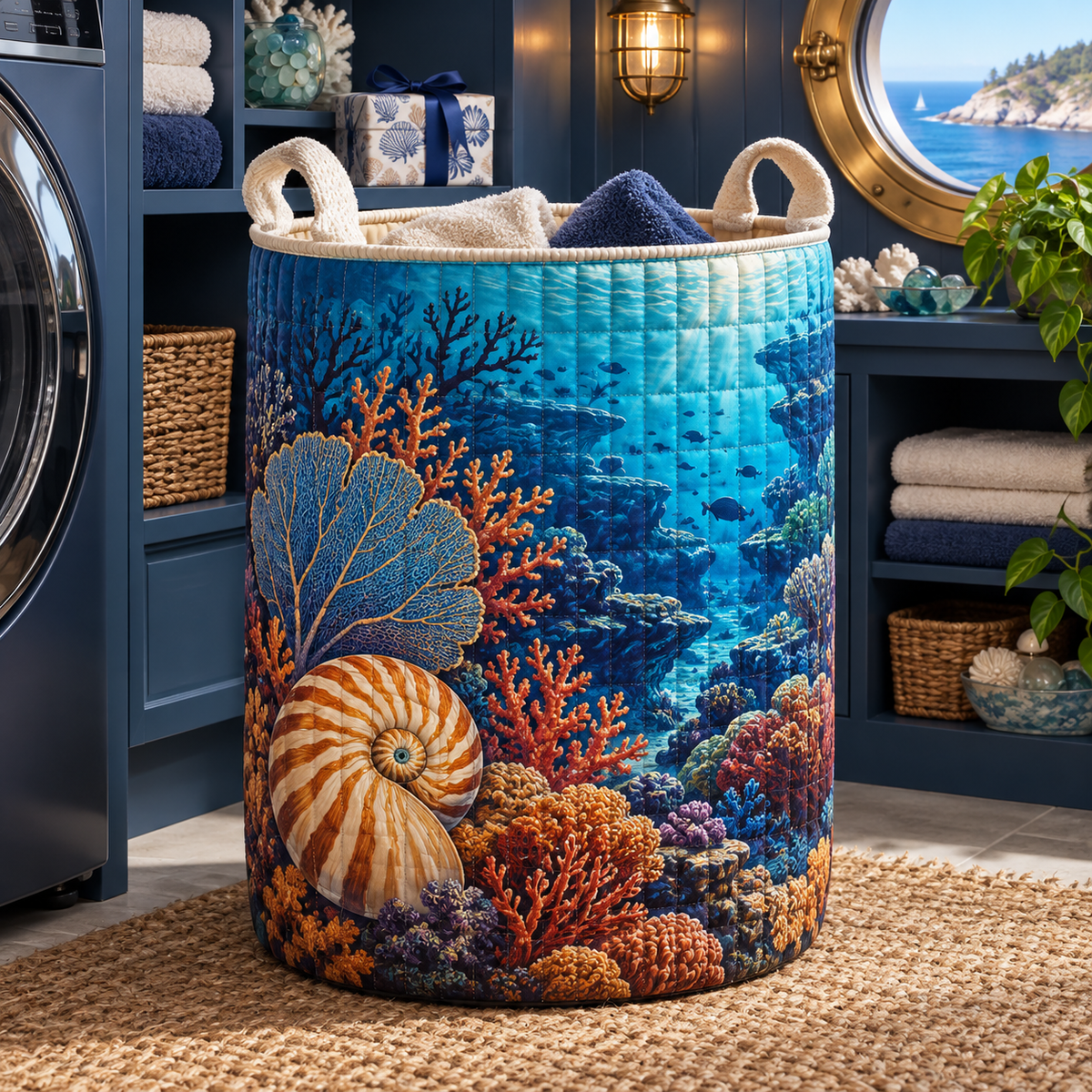 Coral Reef Collector Birthday Laundry Hamper with flat printed coastal coral-reef birthday keepsake art in a layered welcoming room