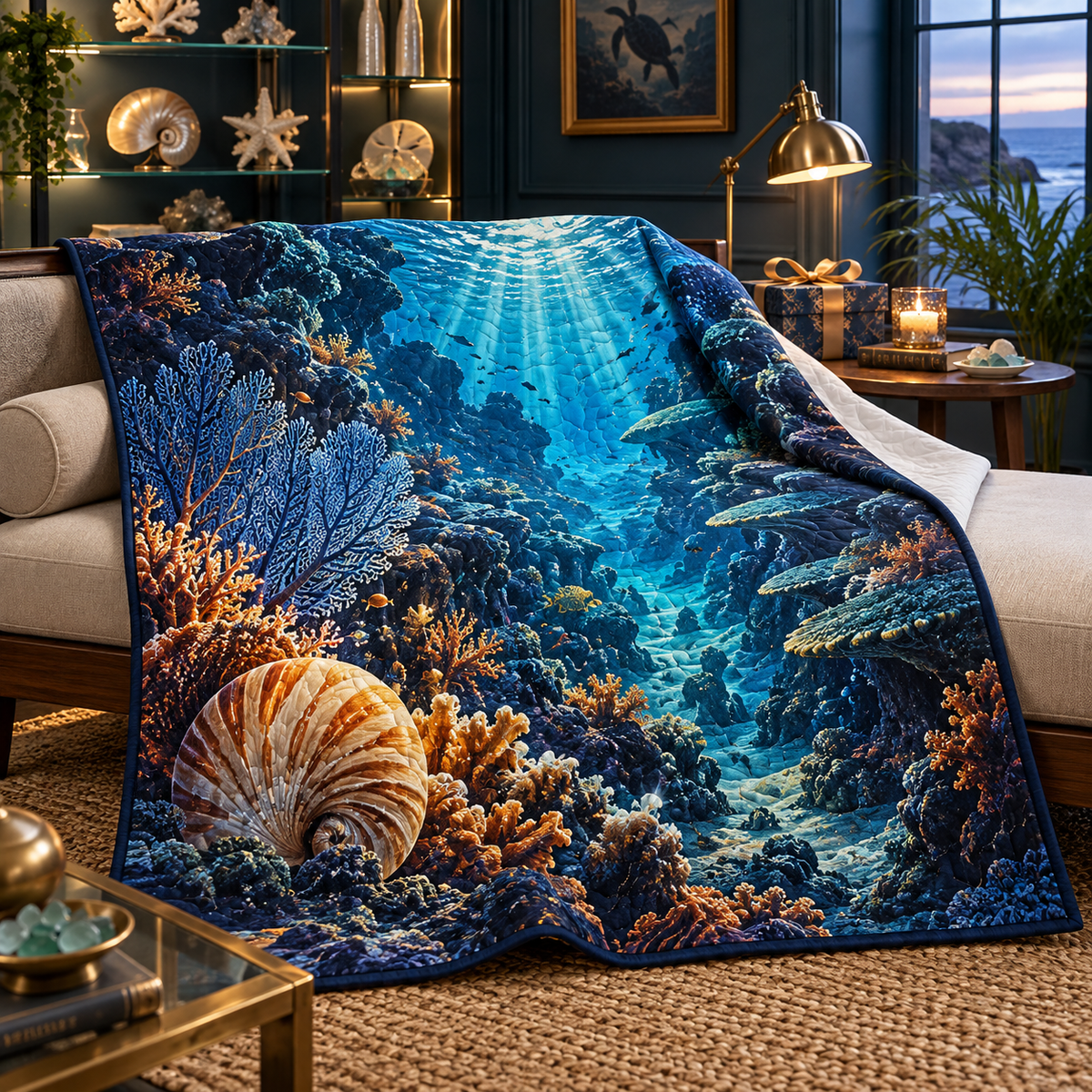 Coral Reef Collector Birthday Quilt Blanket with flat printed coastal coral-reef birthday keepsake art in a layered welcoming room