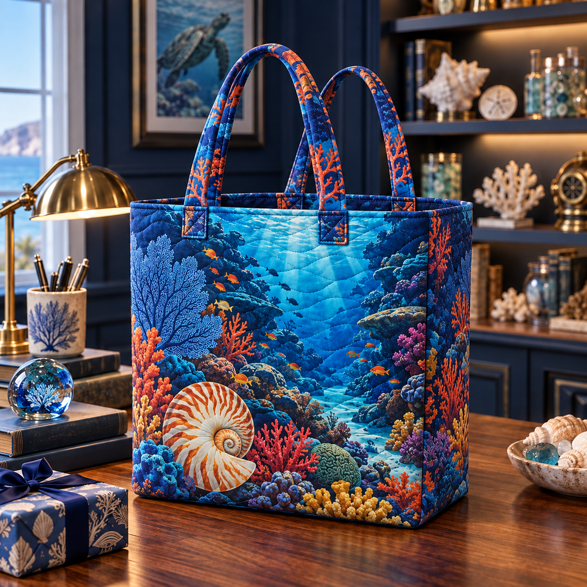 Coral Reef Collector Birthday Quilted Tote Bag with flat printed coastal coral-reef birthday keepsake art in a layered welcoming room