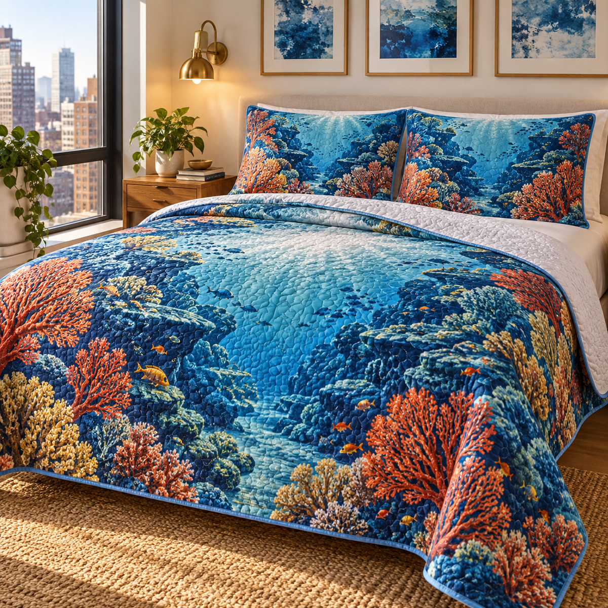 Coral Reef Gallery Quilted Bedding Set with flat printed coastal coral-reef apartment gallery art in a layered welcoming room