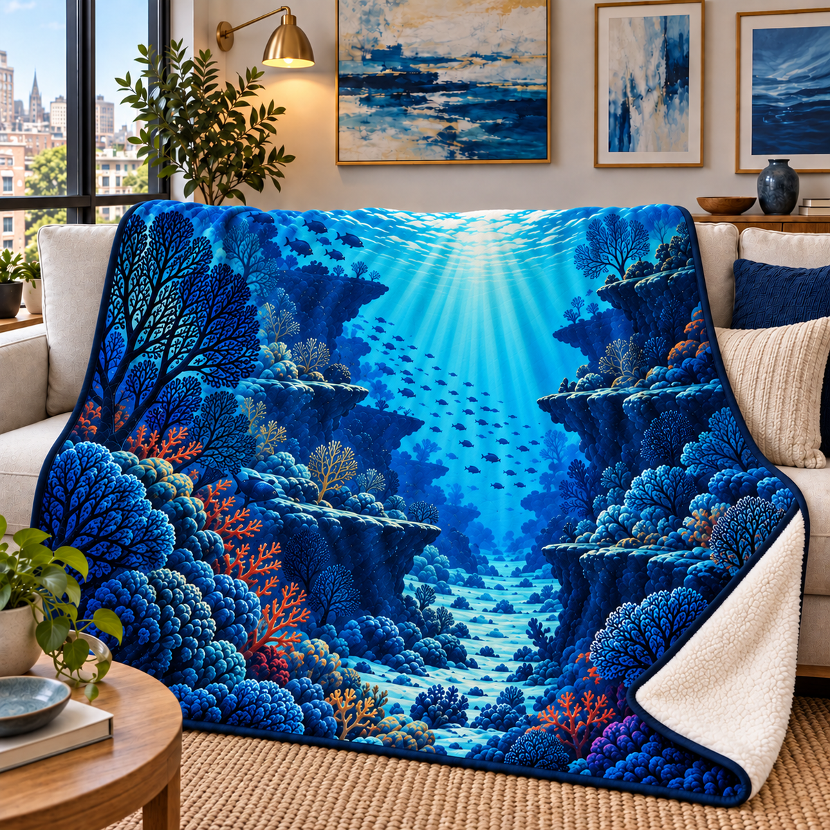 Coral Reef Gallery Sherpa & Fleece Blanket with flat printed coastal reef passage and coral art in a layered coastal reading corner