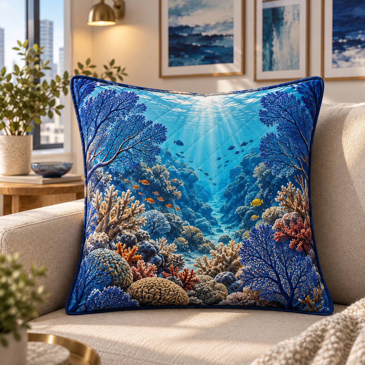 Coral Reef Gallery Quilted Cushion Cover with flat printed coastal coral-reef apartment gallery art in a layered welcoming room