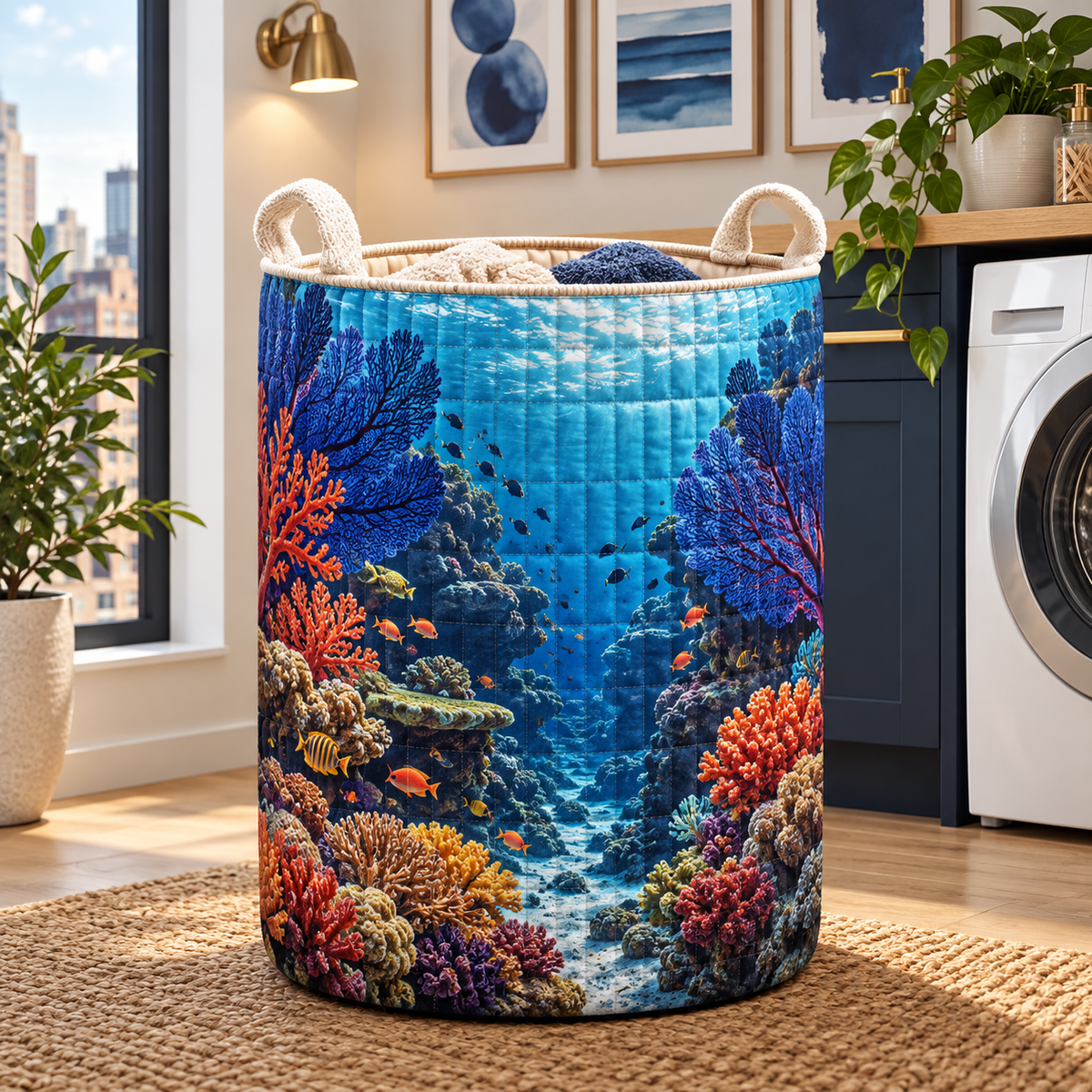 Coral Reef Gallery Laundry Hamper with flat printed coastal coral-reef apartment gallery art in a layered welcoming room