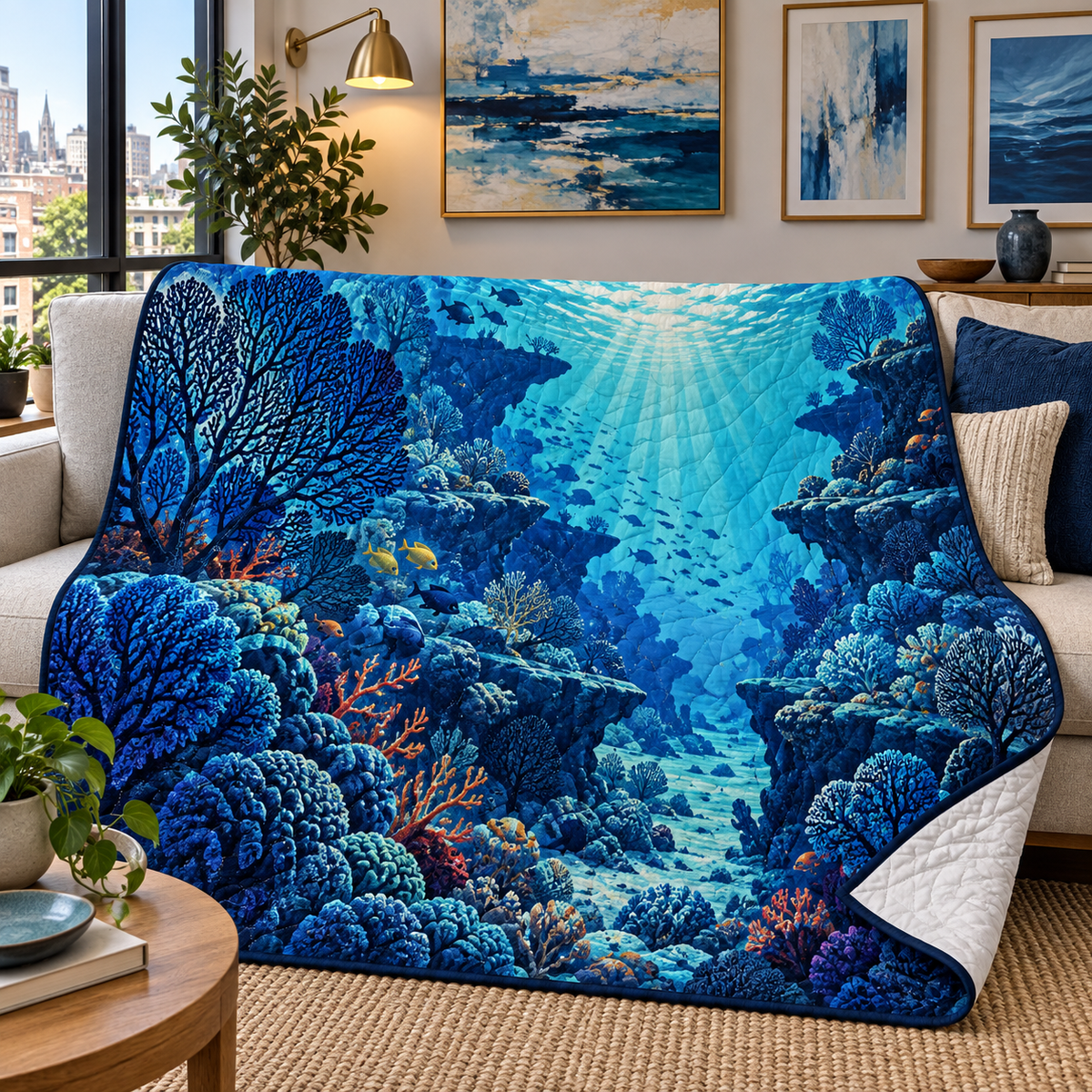 Coral Reef Gallery Quilt Blanket with flat printed coastal coral-reef apartment gallery art in a layered welcoming room