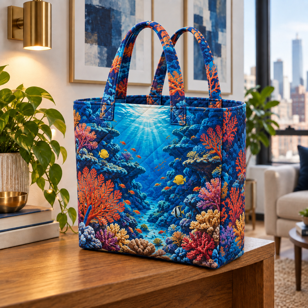 Coral Reef Gallery Quilted Tote Bag with flat printed coastal coral-reef apartment gallery art in a layered welcoming room