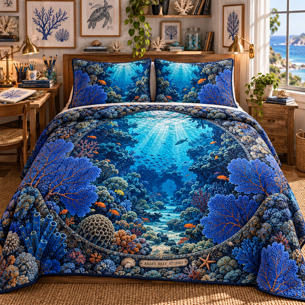 Coral Reef Studio Quilted Bedding Set with flat printed coastal coral-reef hobby studio art in a layered welcoming room