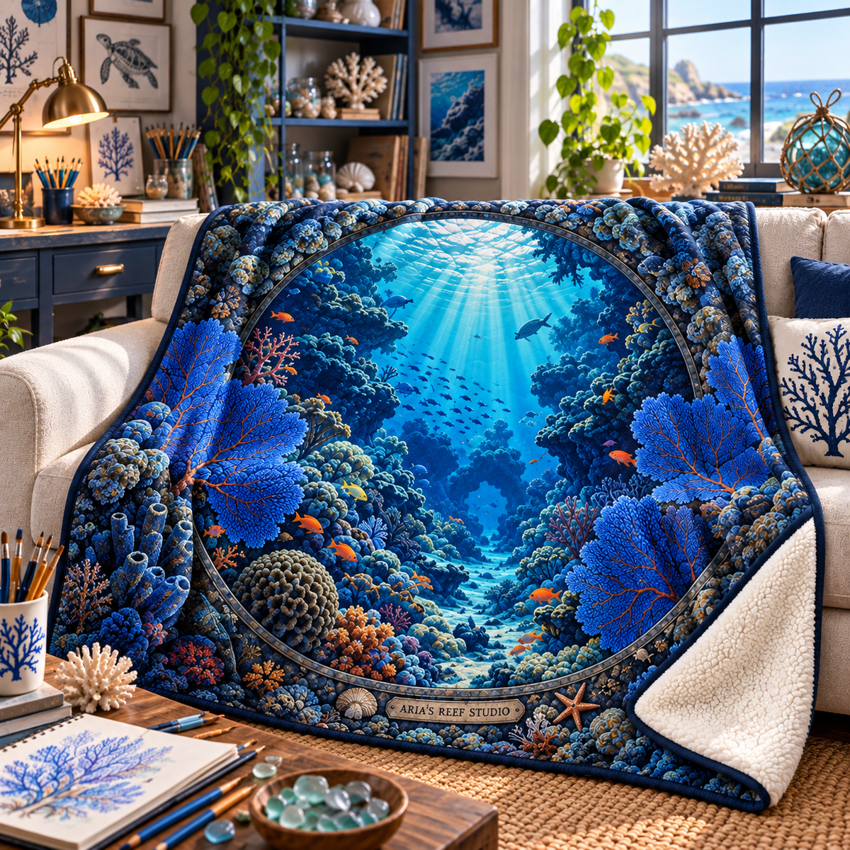 Coral Reef Studio Sherpa & Fleece Blanket with flat printed reef doorway and coral art in a layered coastal coastal home