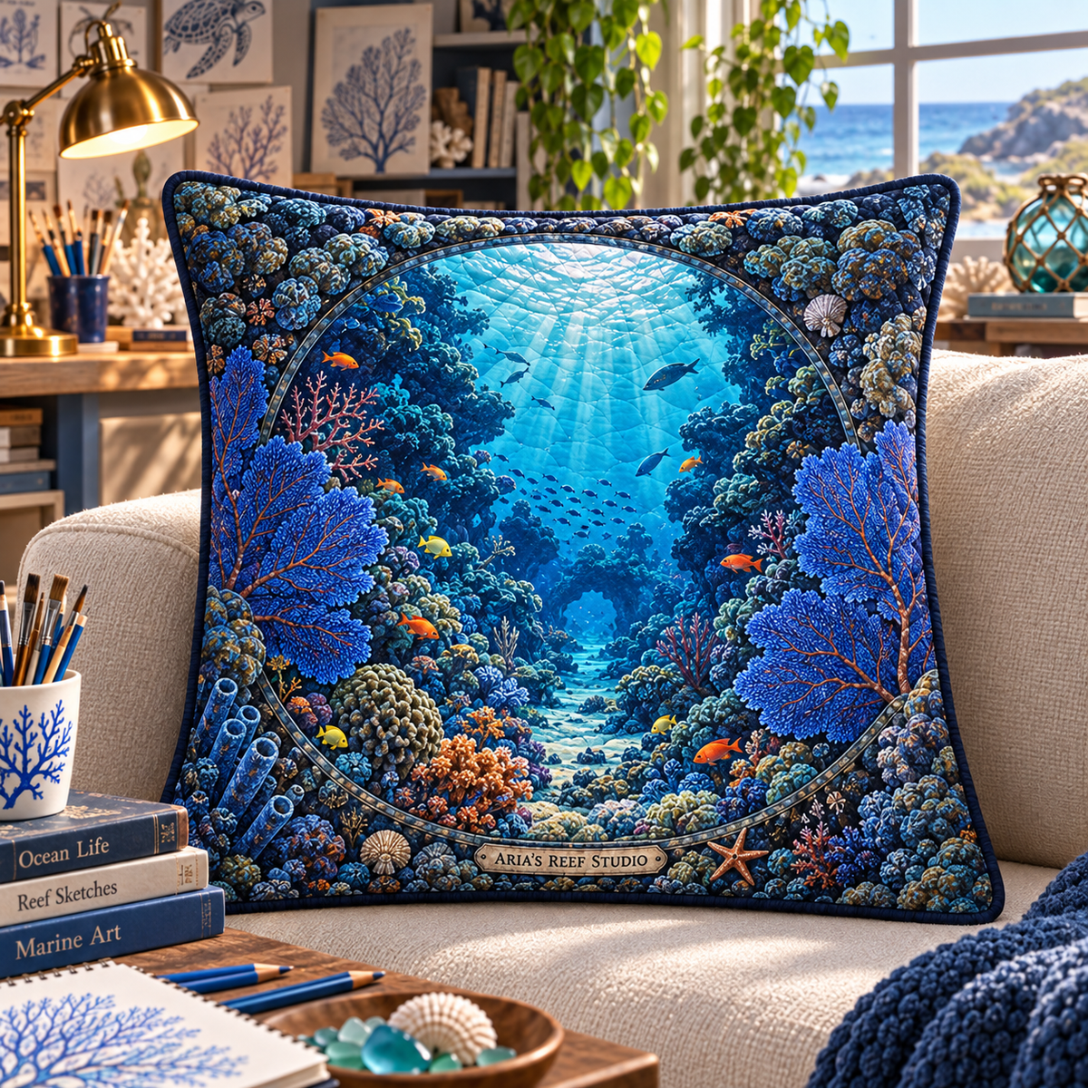 Coral Reef Studio Quilted Cushion Cover with flat printed coastal coral-reef hobby studio art in a layered welcoming room