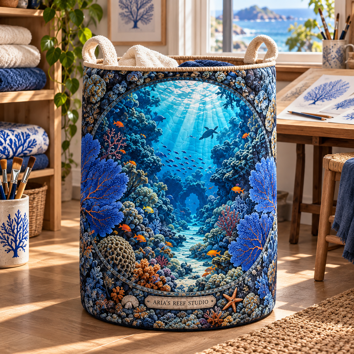 Coral Reef Studio Laundry Hamper with flat printed coastal coral-reef hobby studio art in a layered welcoming room