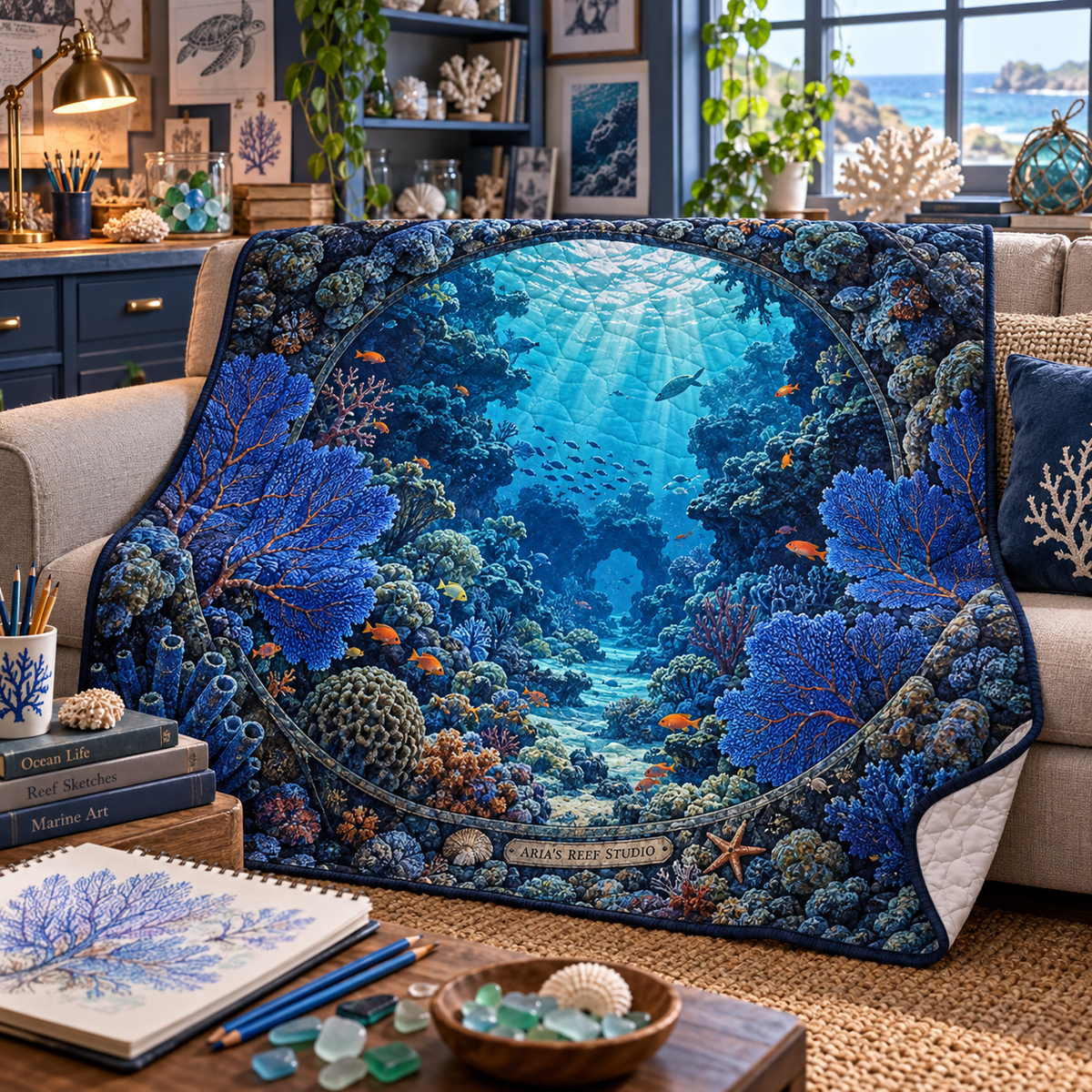Coral Reef Studio Quilt Blanket with flat printed coastal coral-reef hobby studio art in a layered welcoming room