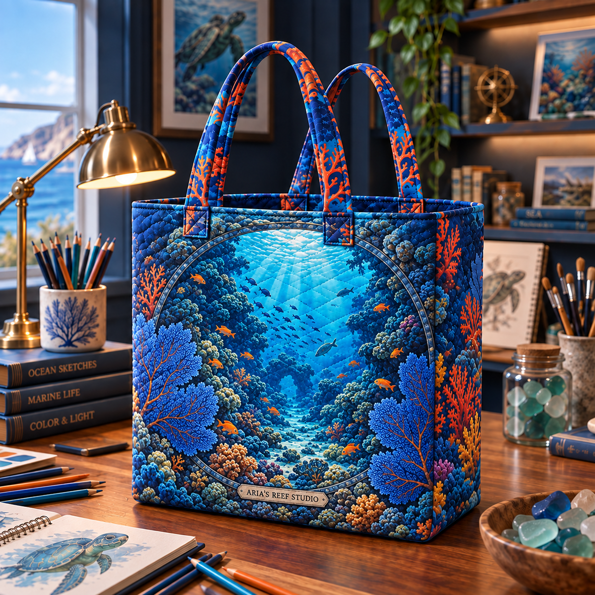 Coral Reef Studio Quilted Tote Bag with flat printed coastal coral-reef hobby studio art in a layered welcoming room