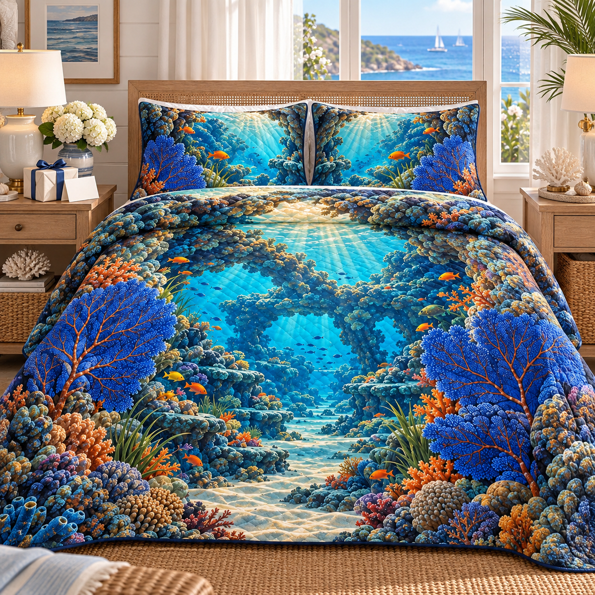 Coral Reef Host Thanks Quilted Bedding Set with flat printed coral reef welcome-arch art in a layered welcoming room