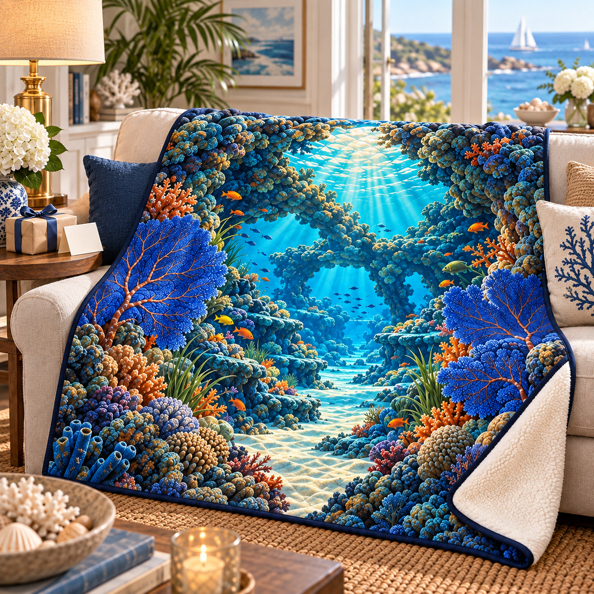 Coral Reef Host Thanks Sherpa & Fleece Blanket with flat printed coral reef welcome-arch art in a layered welcoming room