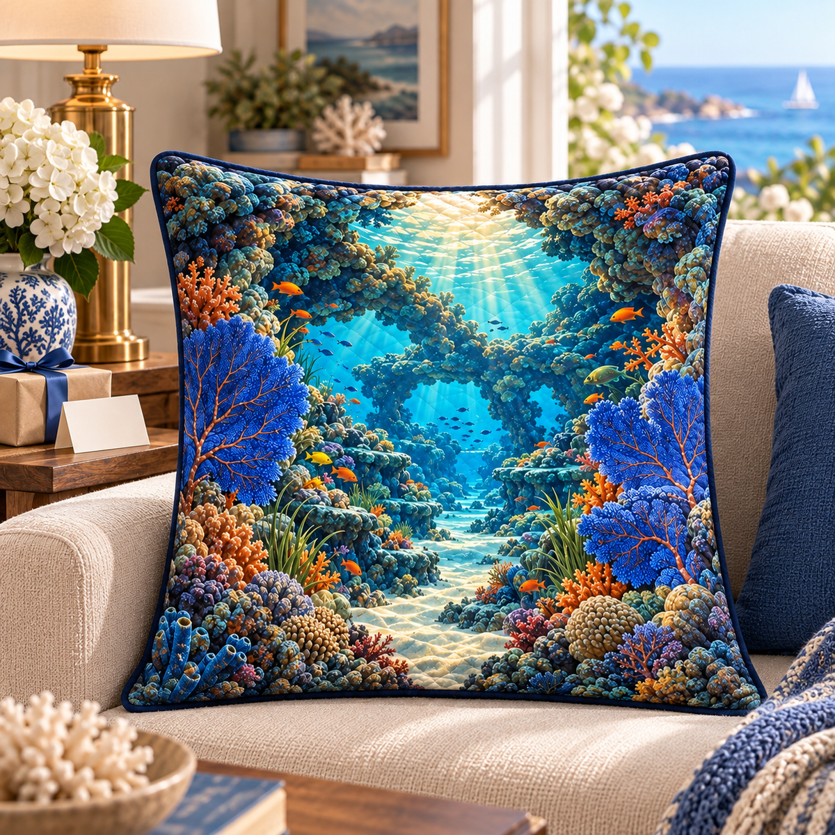 Coral Reef Host Thanks Quilted Cushion Cover with flat printed coral reef welcome-arch art in a layered welcoming room