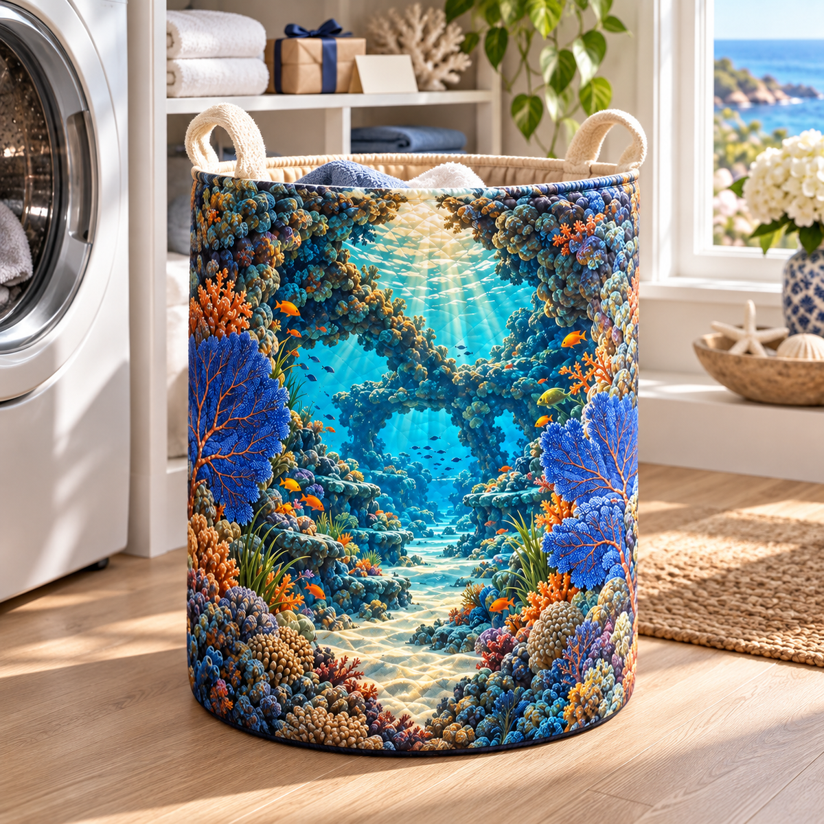 Coral Reef Host Thanks Laundry Hamper with flat printed coral reef welcome-arch art in a layered welcoming room