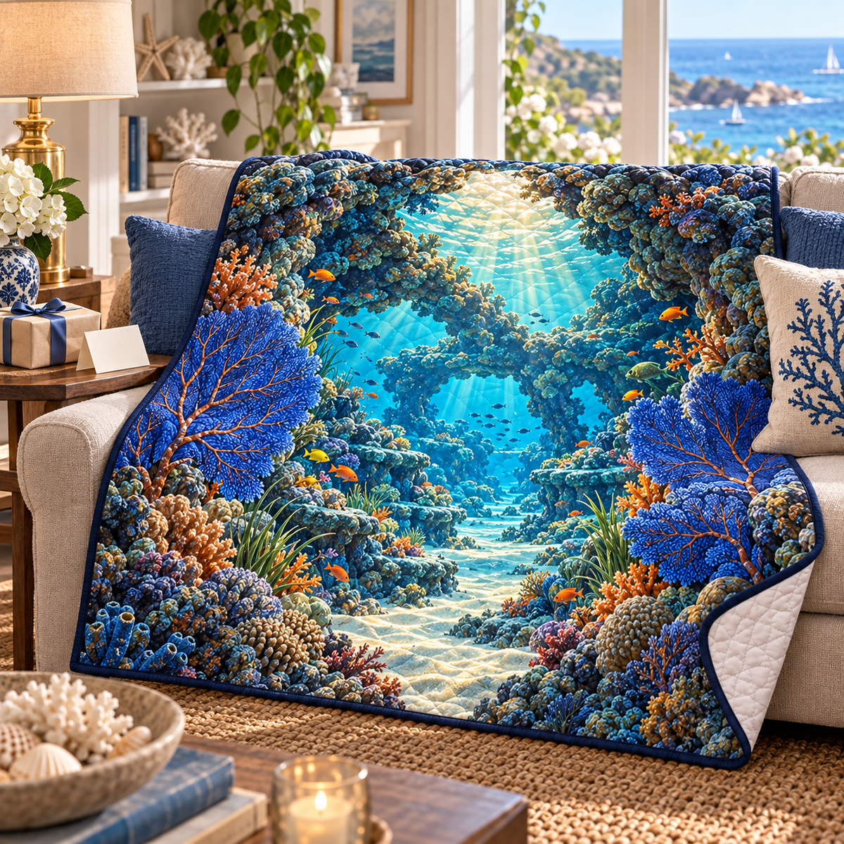 Coral Reef Host Thanks Quilt Blanket with flat printed coral reef welcome-arch art in a layered welcoming room