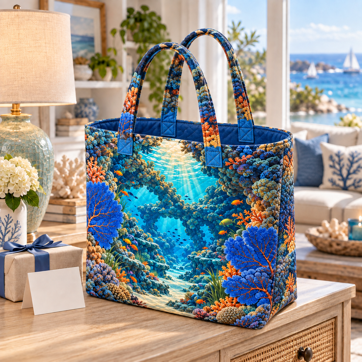Coral Reef Host Thanks Quilted Tote Bag with flat printed coral reef welcome-arch art in a layered welcoming room