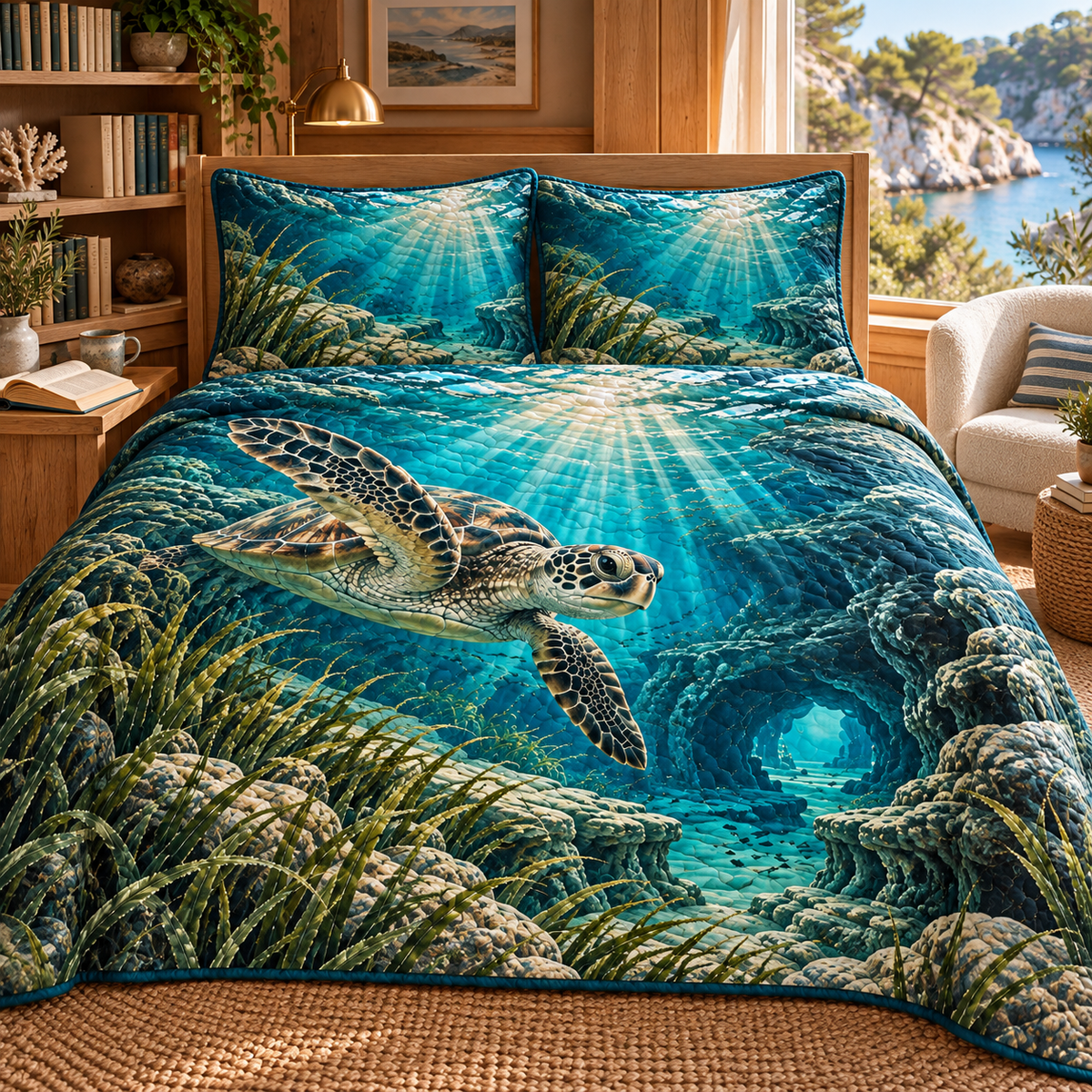 Sea Turtle Lagoon Reading Nook Quilted Bedding Set with flat printed coastal sea turtle-reef reading-nook art in a layered welcoming room
