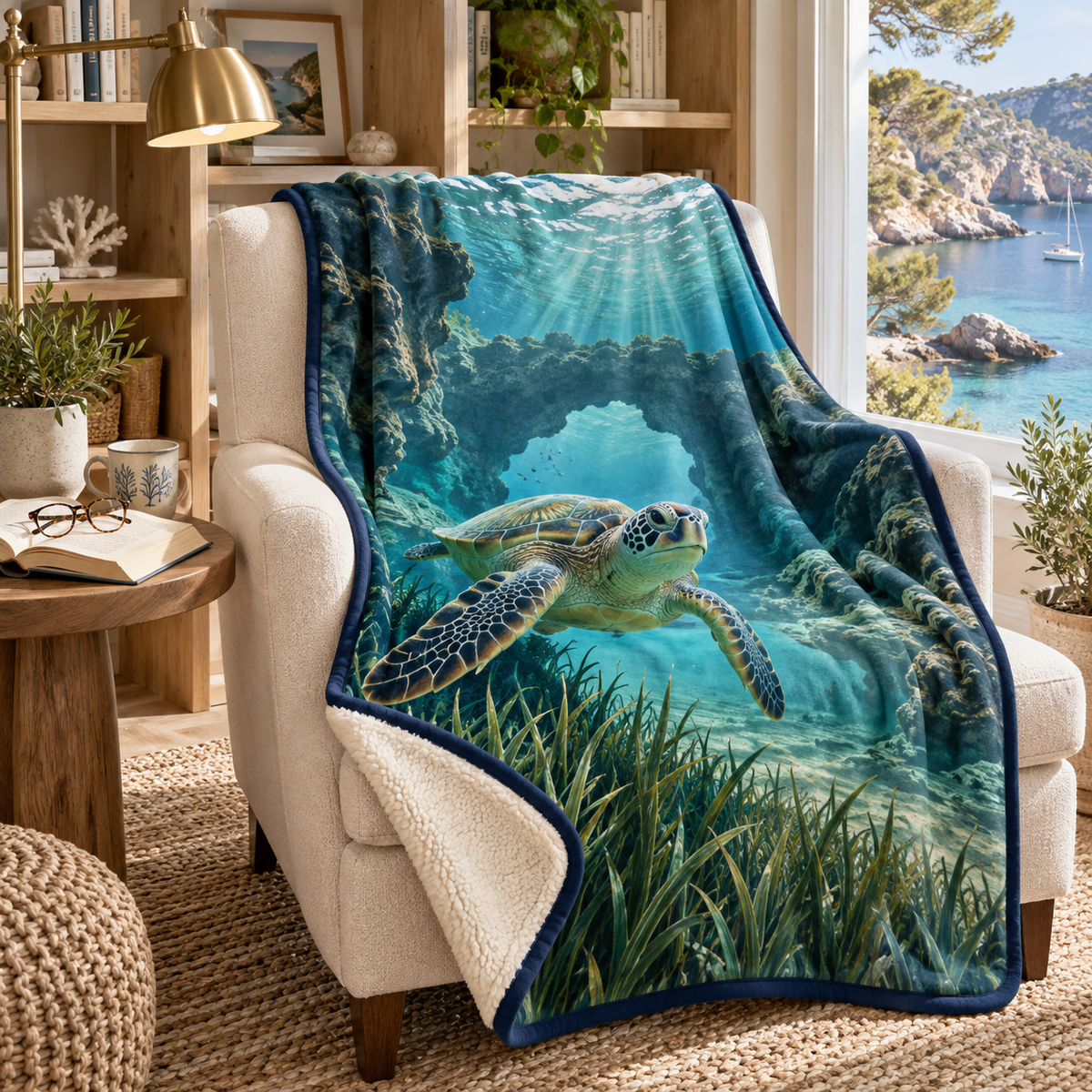 Sea Turtle Lagoon Reading Nook Sherpa & Fleece Blanket with flat printed coastal library alcove and sea turtle art in a layered reading room