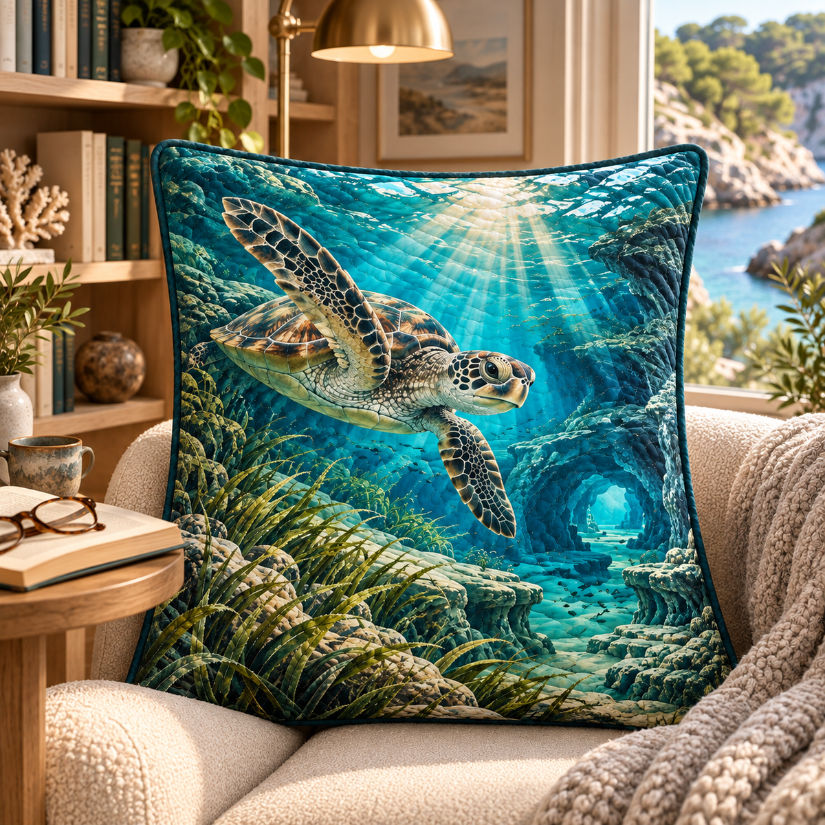 Sea Turtle Lagoon Reading Nook Quilted Cushion Cover with flat printed coastal sea turtle-reef reading-nook art in a layered welcoming room