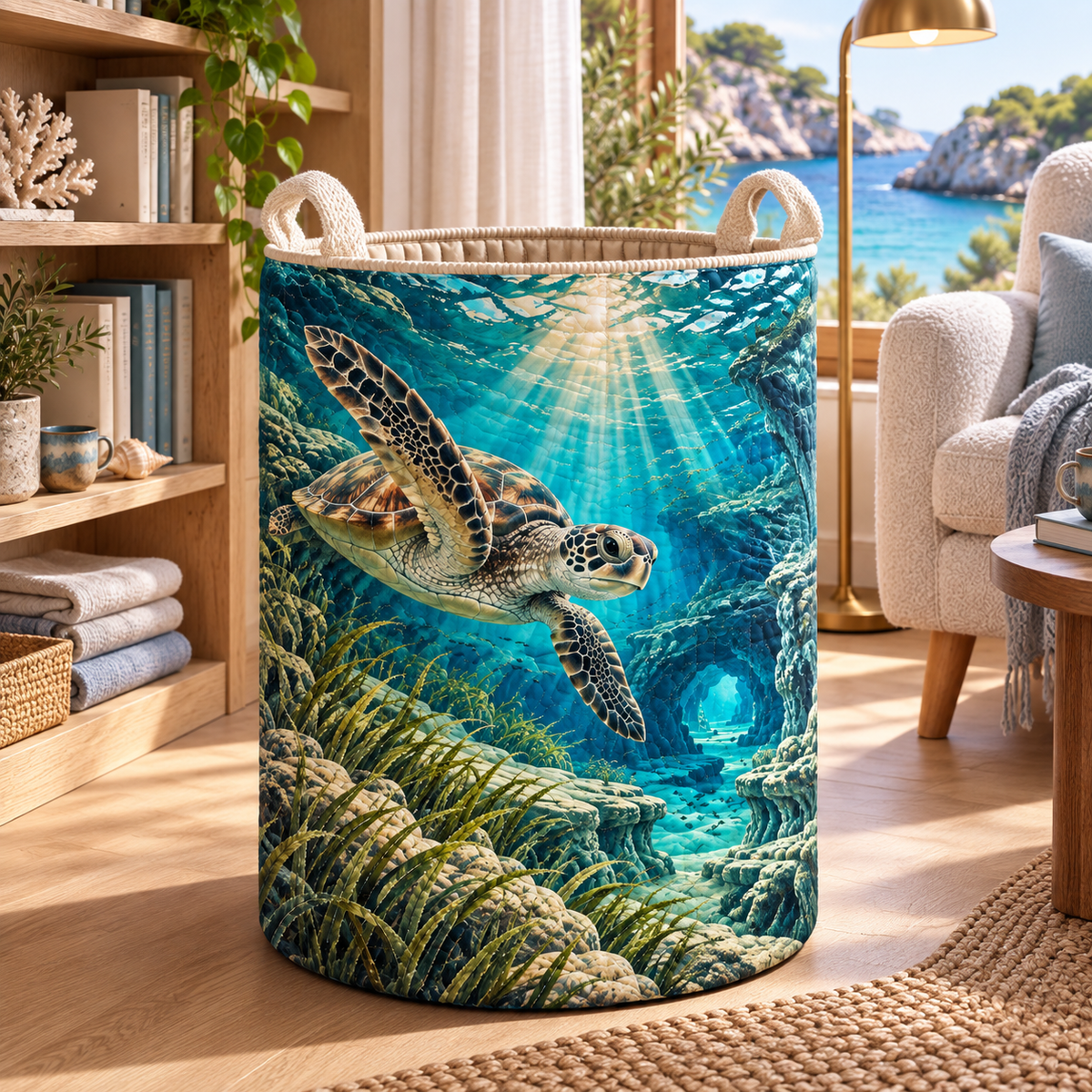 Sea Turtle Lagoon Reading Nook Laundry Hamper with flat printed coastal sea turtle-reef reading-nook art in a layered welcoming room