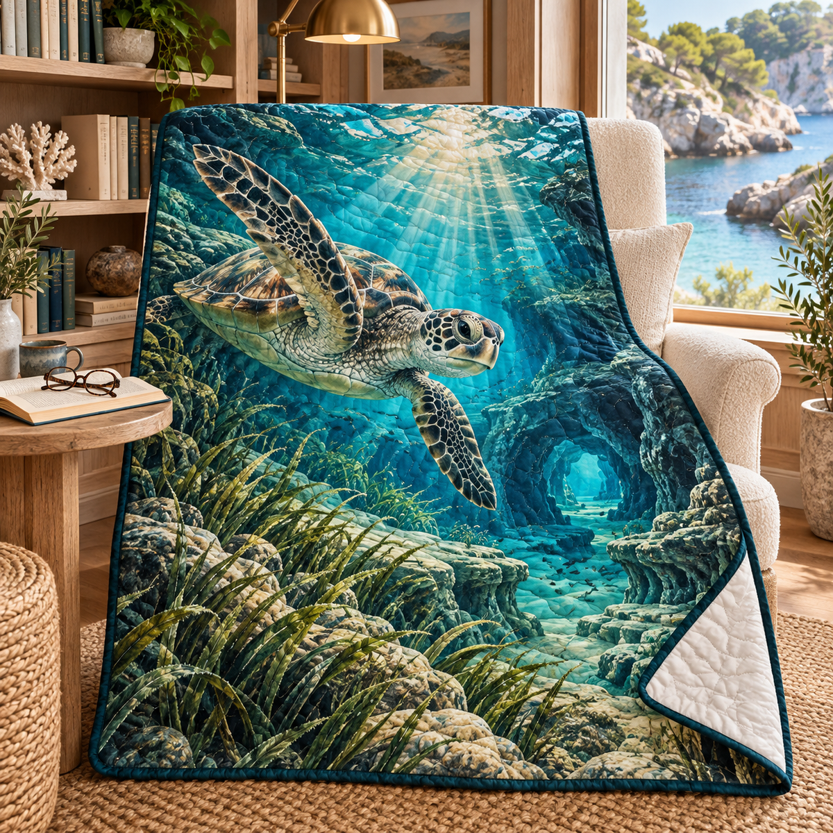 Sea Turtle Lagoon Reading Nook Quilt Blanket with flat printed coastal sea turtle-reef reading-nook art in a layered welcoming room