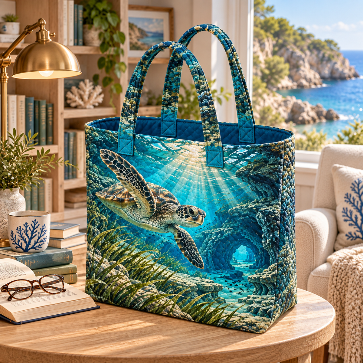 Sea Turtle Lagoon Reading Nook Quilted Tote Bag with flat printed coastal sea turtle-reef reading-nook art in a layered welcoming room
