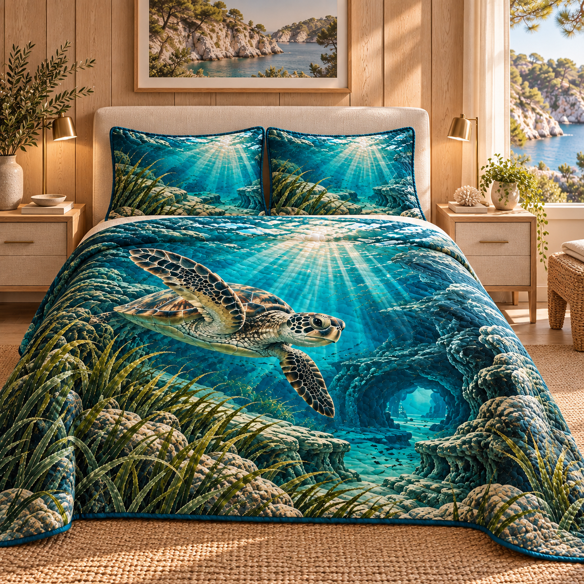 Sea Turtle Lagoon Bedroom Statement Quilted Bedding Set with flat printed coastal sea turtle-reef reading-nook art in a layered welcoming room