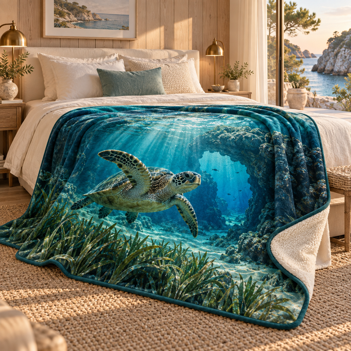Sea Turtle Lagoon Bedroom Statement Sherpa & Fleece Blanket with flat printed coastal library alcove and sea turtle art in a layered reading room