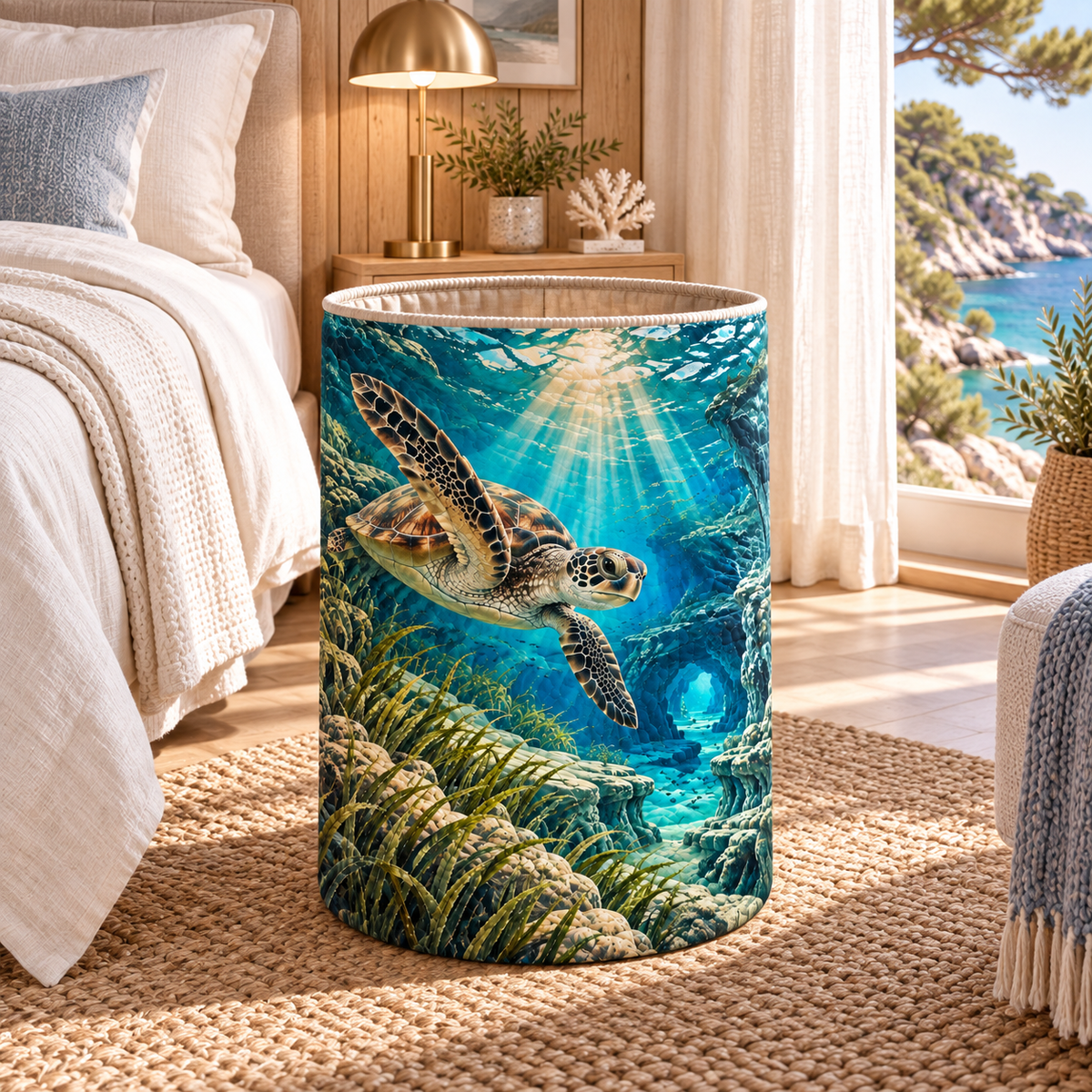 Sea Turtle Lagoon Bedroom Statement Laundry Hamper with flat printed coastal sea turtle-reef reading-nook art in a layered welcoming room