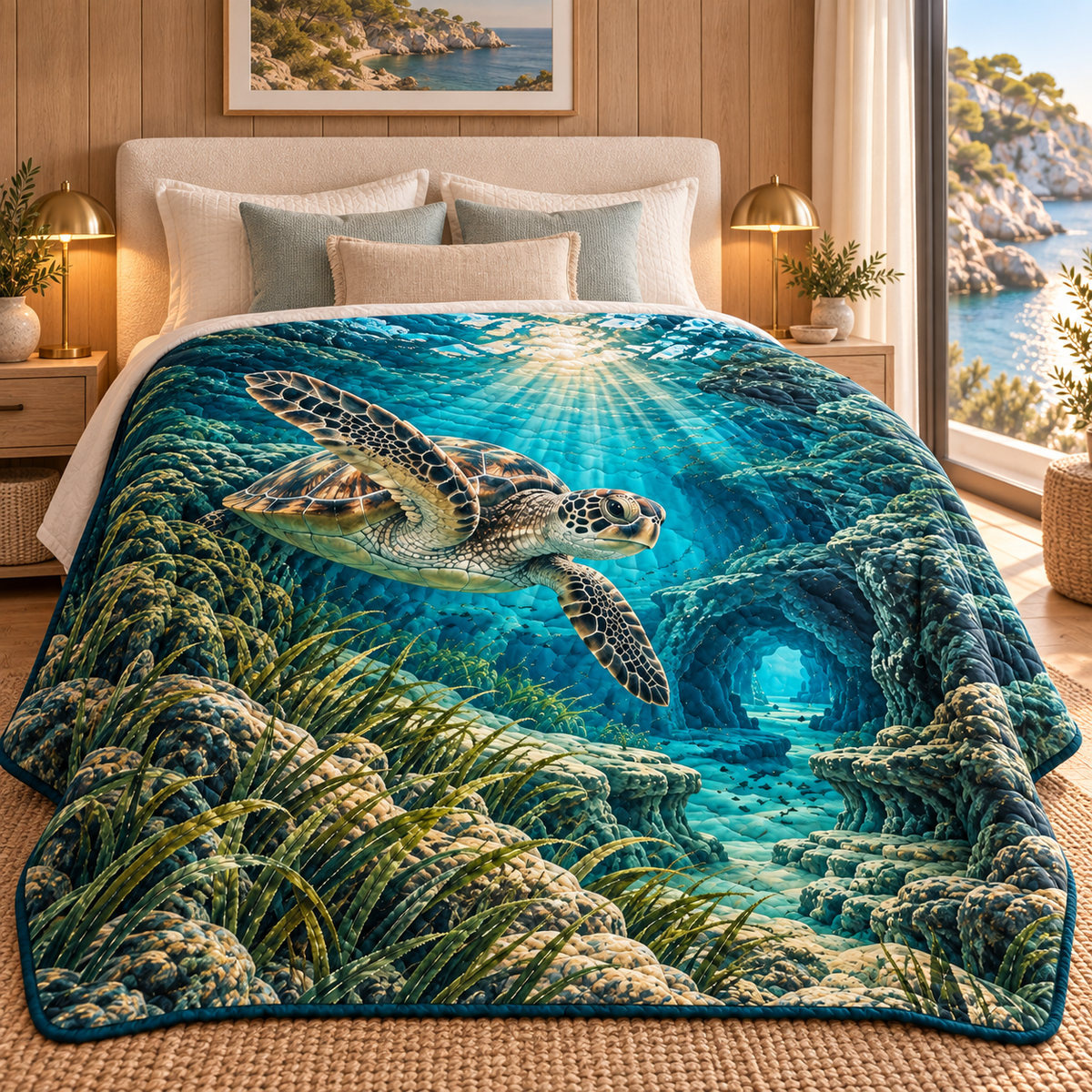 Sea Turtle Lagoon Bedroom Statement Quilt Blanket with flat printed coastal sea turtle-reef reading-nook art in a layered welcoming room