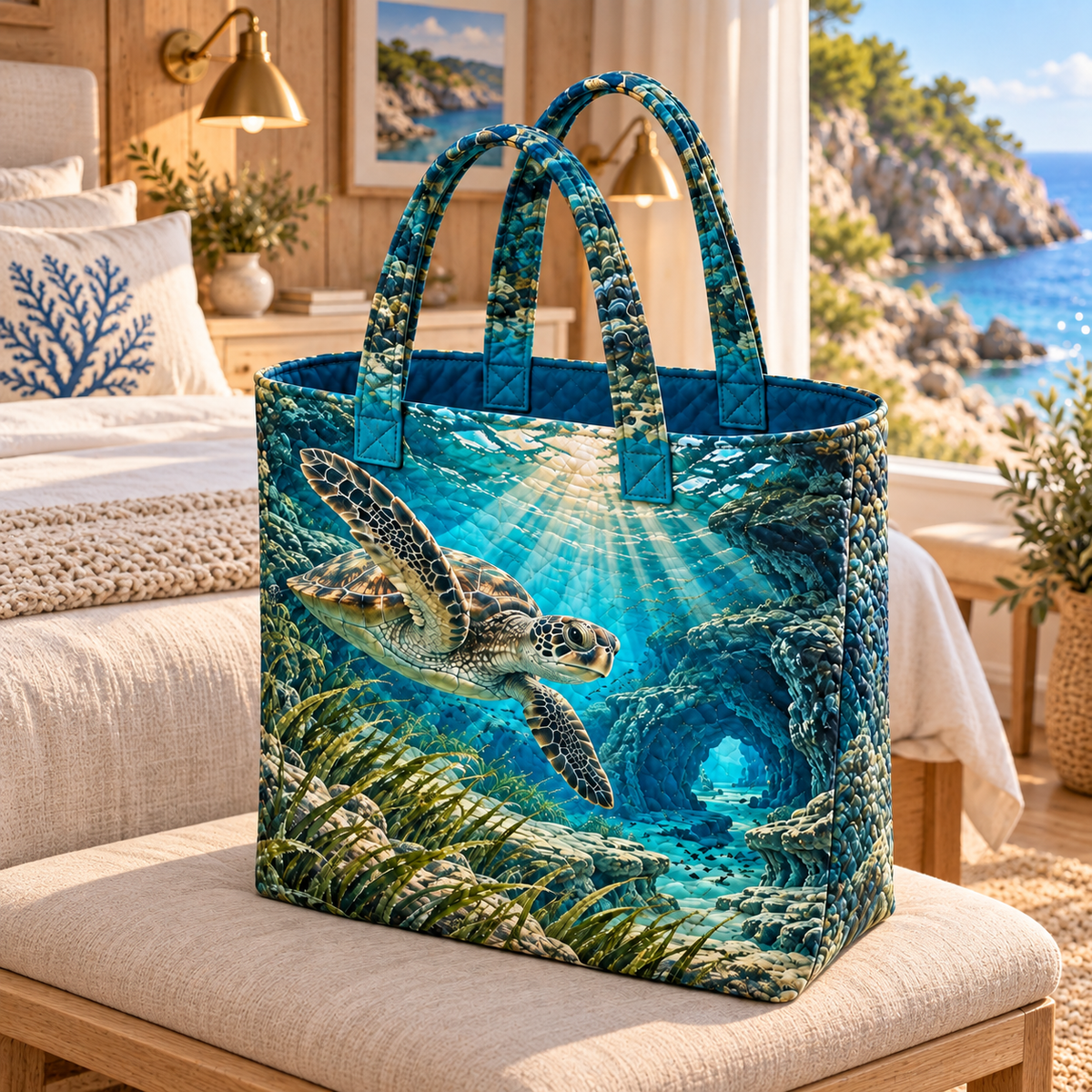 Sea Turtle Lagoon Bedroom Statement Quilted Tote Bag with flat printed coastal sea turtle-reef reading-nook art in a layered welcoming room