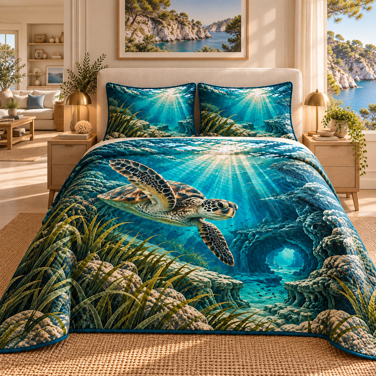 Sea Turtle Lagoon Living Room Focal Point Quilted Bedding Set with flat printed sea turtle lagoon art in a layered coastal living room