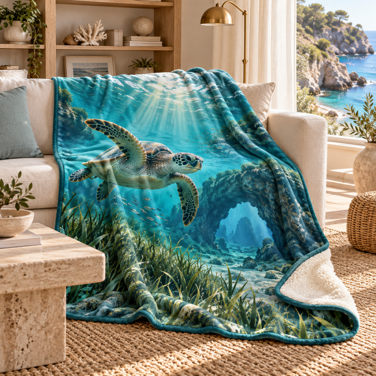 Sea Turtle Lagoon Living Room Focal Point Sherpa & Fleece Blanket with flat printed coastal library alcove and sea turtle art in a layered reading room