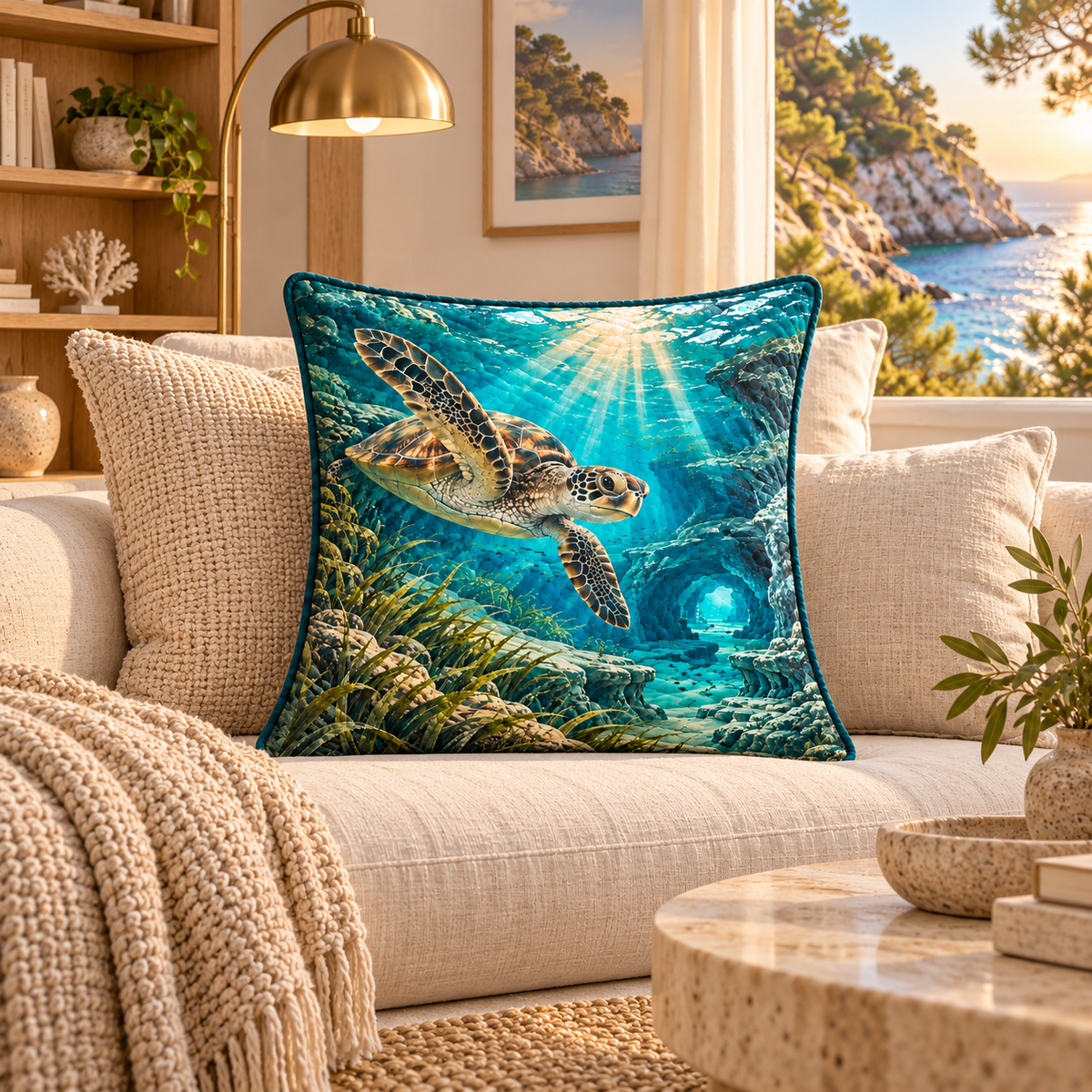 Sea Turtle Lagoon Living Room Focal Point Quilted Cushion Cover with flat printed sea turtle lagoon art in a layered coastal living room