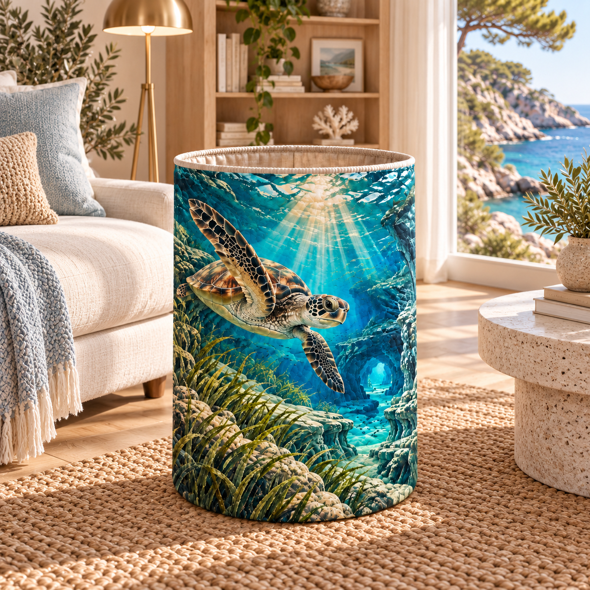 Sea Turtle Lagoon Living Room Focal Point Laundry Hamper with flat printed sea turtle lagoon art in a layered coastal living room